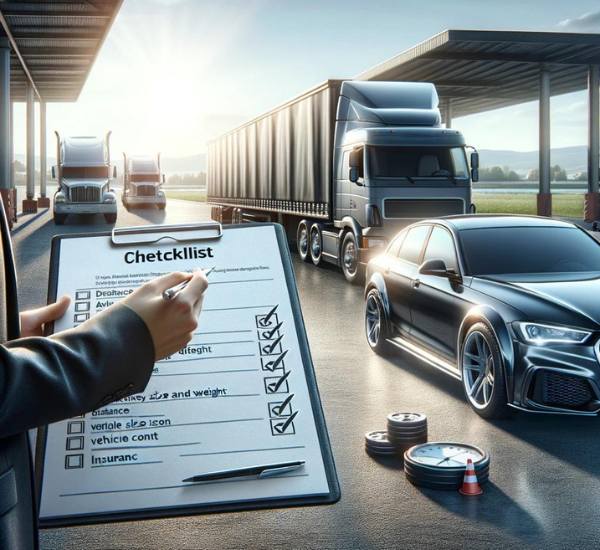 Checklist in foreground detailing factors influencing shipping costs, with trucks and luxury car in logistics hub background.