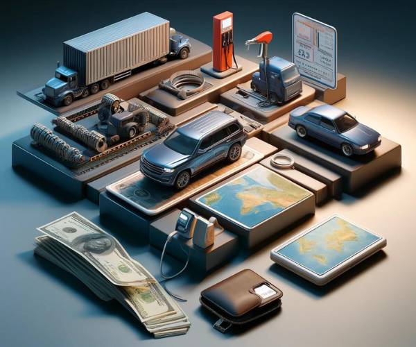 "Car shipping cost factors illustrated by truck, gas pump, money, maps, and vehicle on platform.