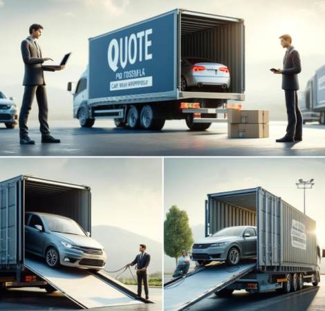 Collage demonstrating how car shipping works: professionals loading vehicles into a trailer, overseen by an executive.