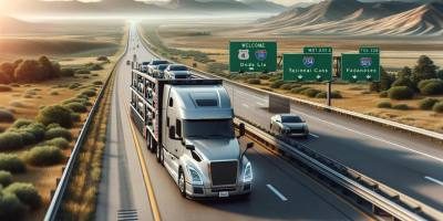 Car transport state-to-state truck traveling on interstate highway through scenic landscape with state line signs