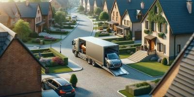 Door-to-door transport truck delivering a car to a suburban home in a well-kept neighborhood