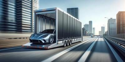 Enclosed auto shipping trailer transporting luxury vehicles securely on a scenic route.