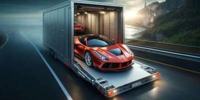 Exotic car transport trailer carrying a luxury sports car on a scenic road, ensuring secure delivery.