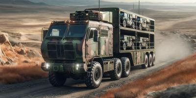 Military auto transport truck in camouflage carrying vehicles through rugged, arid landscape for secure delivery