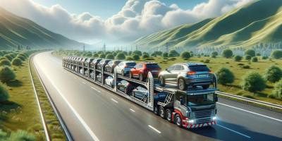 Standard shipping depicted by multiple cars on an open trailer traveling through lush green mountainous landscape.