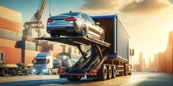 A luxurious car being loaded onto a semi-trailer for cross country car shipping at a bustling port.